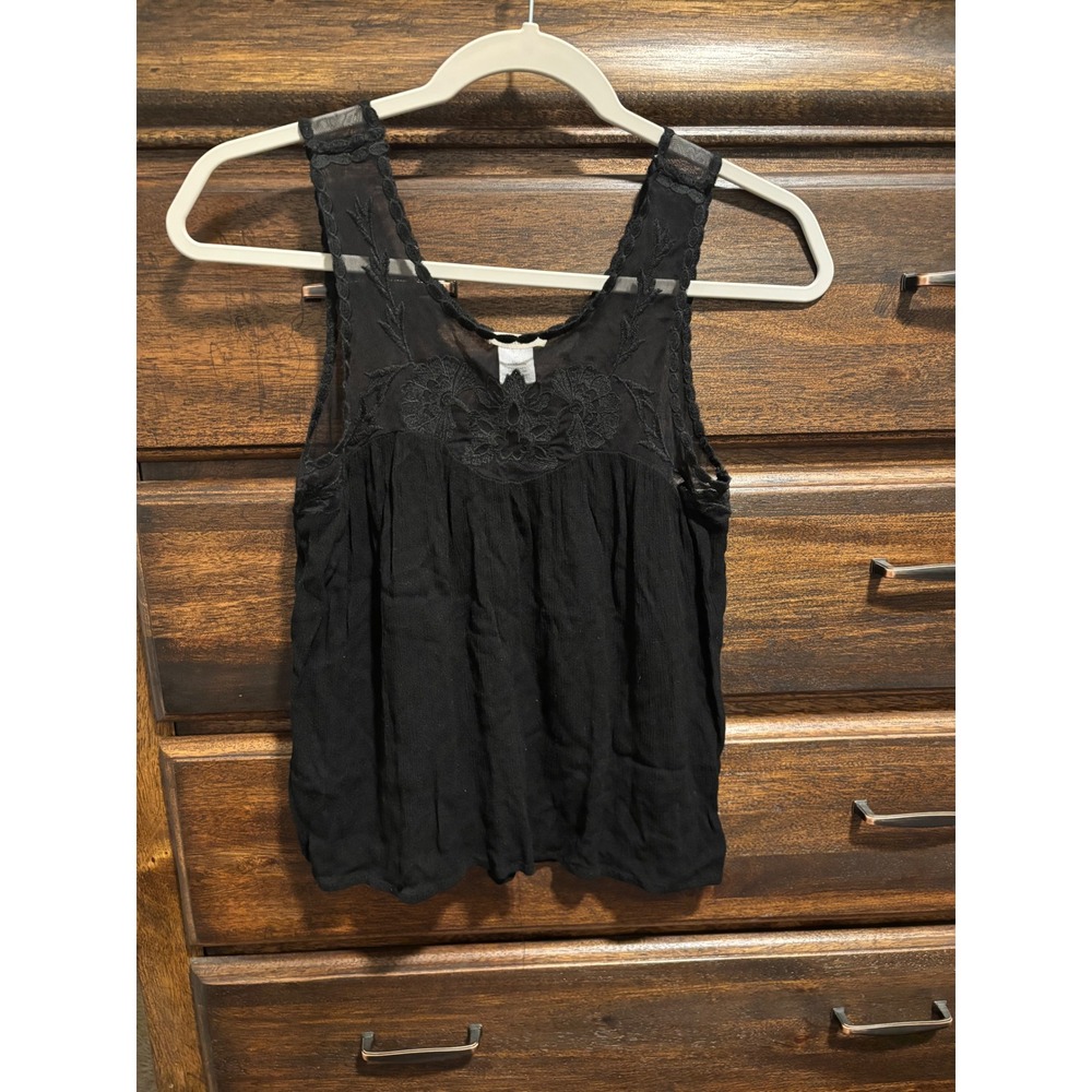 InTu Women Black Mesh Floral Embroidered Tank Top Sleeveless Rayon XS